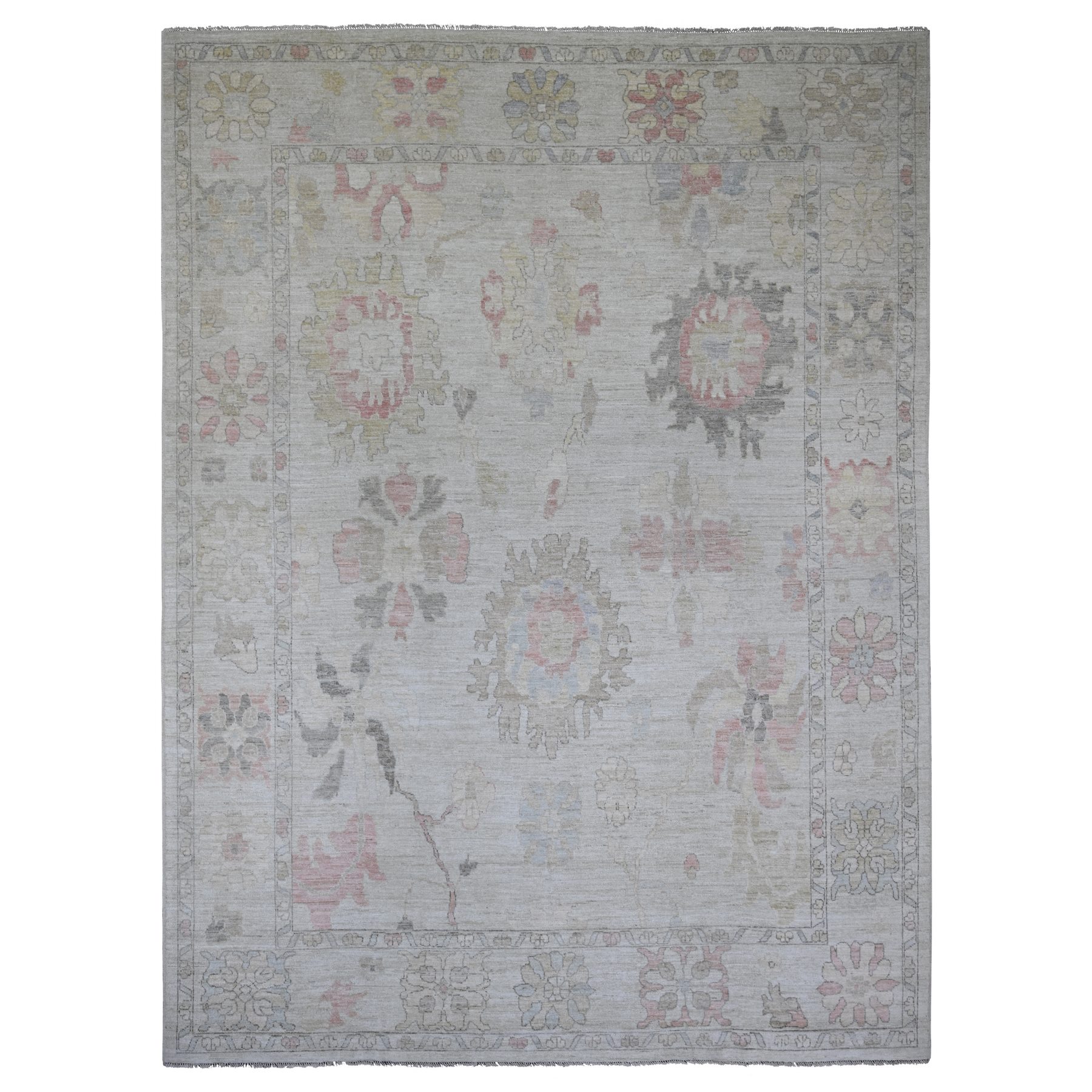 Linen White, Afghan Angora Oushak with All Over Leaf Design, Hand Knotted, 100% Wool, Vegetable Dyes, Oriental Rug